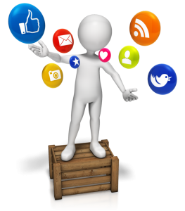 bubble figure standing on a "soap box" surrounded by social media icons